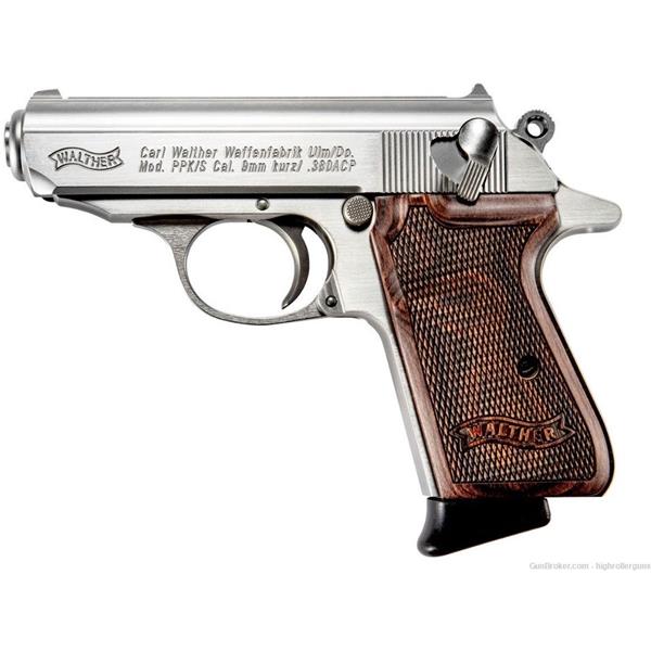 .380 ACP Walther Arms NIB SS PPK/S .380ACP 7+1, Stainless w/ Walnut Grip - 4796004WG 723364214462 Other Barrel Length"