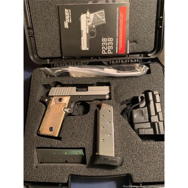 .380 ACP Sig Sauer P238 w/ night sights, wood grips, holster 2 magazines. CA compliant 3 inch " barrel