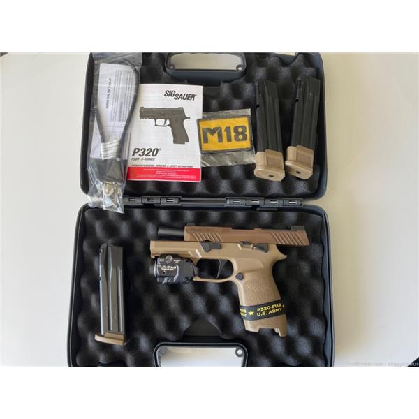 9mm Luger P320 M18 Carry Sig Sauer with Wilson Combat grip, Grey Ghost slide, light and holsters