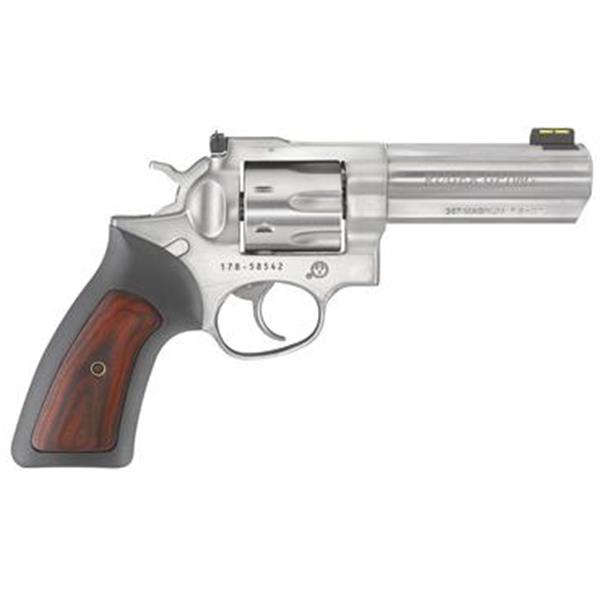 Ruger GP100, Double Action Revolver, 357 Magnum, 4.2" Barrel, Satin Stainless Finish, Black Rubber & Engraved Wood Grips, 7Rd, Adjustable Rear Sight Fiber Optic Front 01771 736676017713