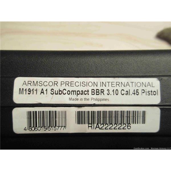 Armscor/Rock Island Armory Rock M1911 A1 BBR subcompact .45 ACP 3.1" 51577 Used 3 inch " barrel