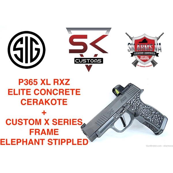 9mm Luger Sig Sauer SK CUSTOMS SIG P365 XL RXZ ELITE CONCRETE CERAKOTE + X ELEPHANT STIPPLE 798681622719 365XL-9-BXR3-RXZ 4 inch " barrel
