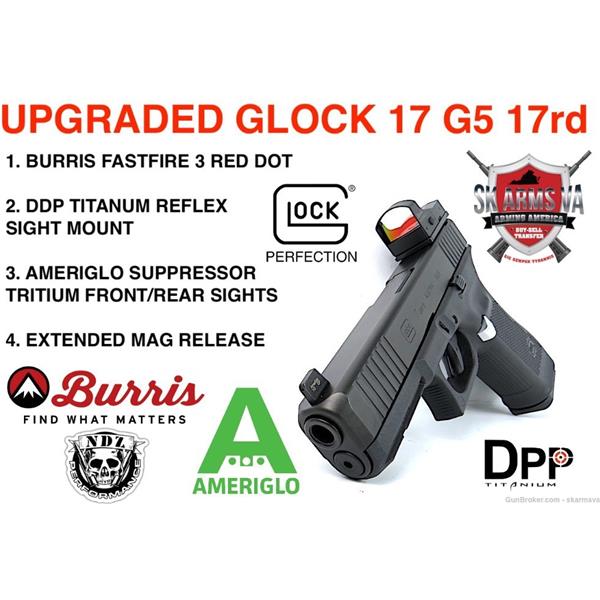 9mm Luger G17 M.O.S. LOADED GLOCK 17 GEN 5 17rd w/ OPTIC PLATE FOR RED DOT CONFIG ie MOS 764503037108 PA175S203MOS 4 inch " barrel