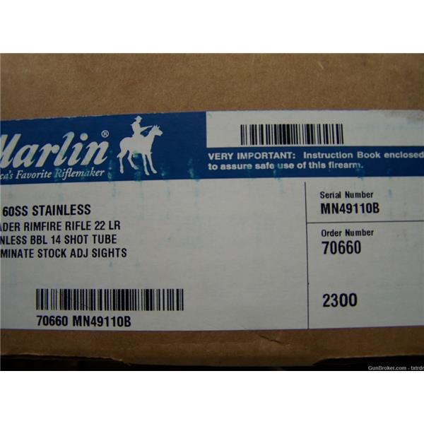 .22 LR FACTORY NEW, MARLIN 60SS (70660), COLLECTIBLE, 22LR STAINLESS, 19"BBL 19 inch " barrel