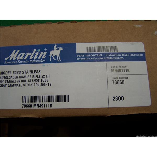 .22 LR 60SS FACTORY NEW, MARLIN 60 SS (70660), COLLECTIBLE, 22LR STAINLESS, 19" BBL 19 inch " barrel