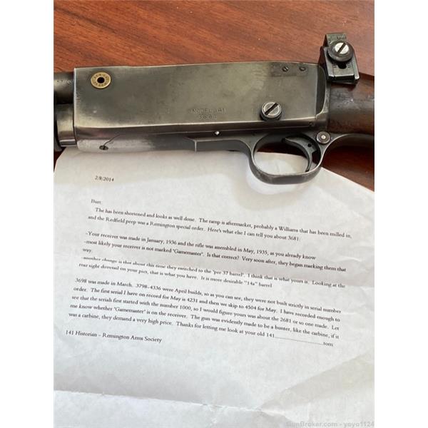 .35 Rem. REMINGTON 35 Caliber MODEL 141 letter from Remington 1st year no 30-30WIN Model Rare early issue read letter. 20 inch " barrel