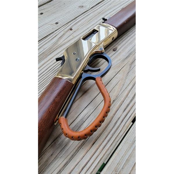 .357-38 Big Boy Brass Henry Repeating Arms Lever that's leather covered and hand stitched. 20 inch " barrel