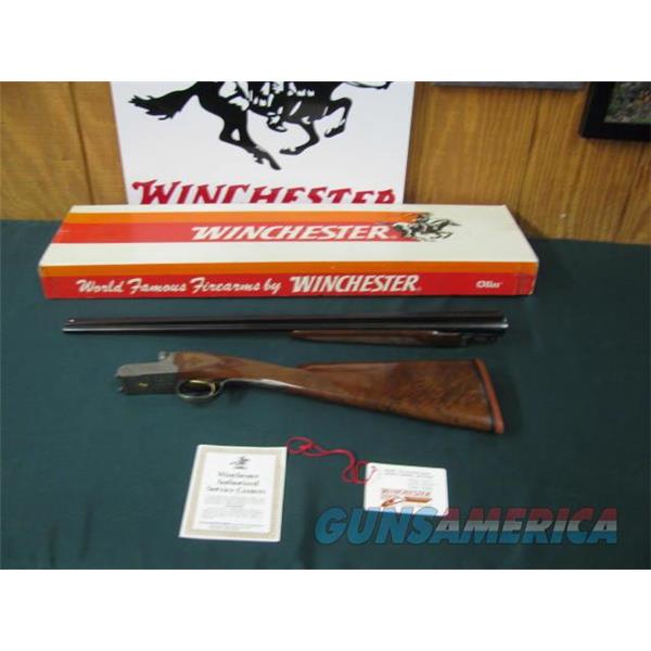 6714 Winchester 23 Golden Quail 410 gauge 26 inch barrels 3 chambers, mod/full, solid rib, STRAIGHT GRIP, butt pad, ejectors, beavertail forend,single select trigger, dog/quail engraved coin silver receiver, as ne